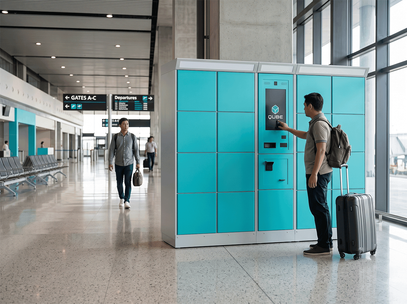Crowded airport terminal with travelers waiting with luggage between connections