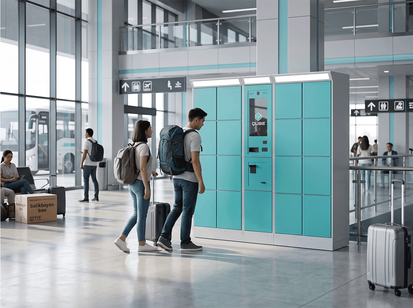 Commuters using a QUBE Smart Transport Locker inside a busy transit terminal